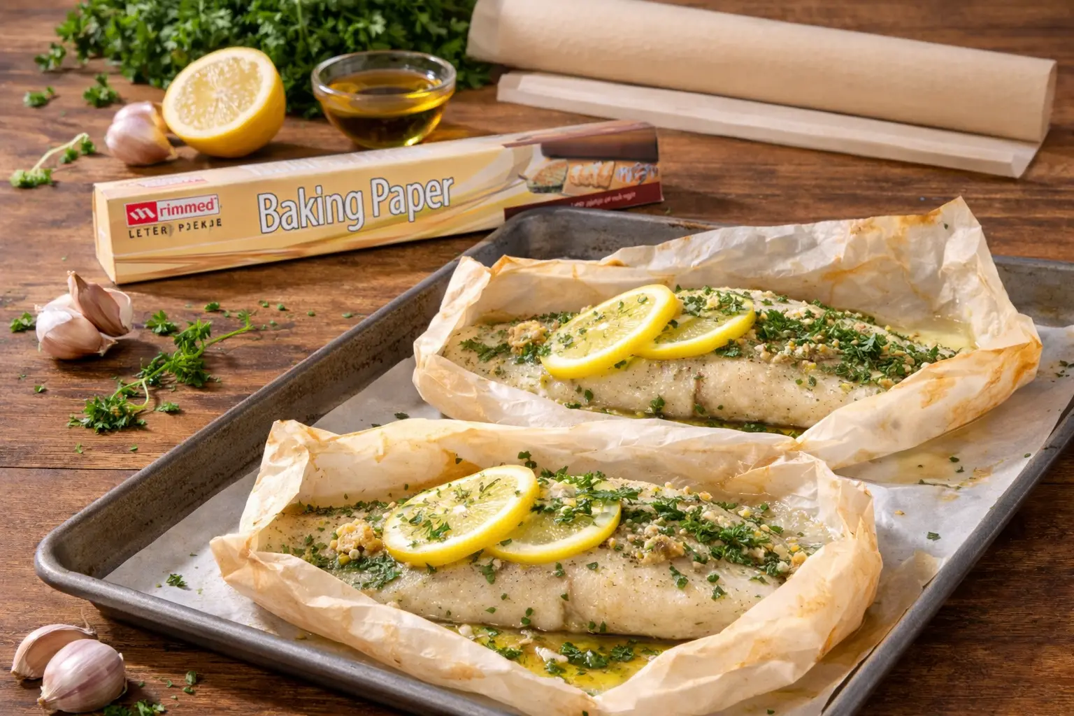 Peshk në letër pjekjeje Rimmed